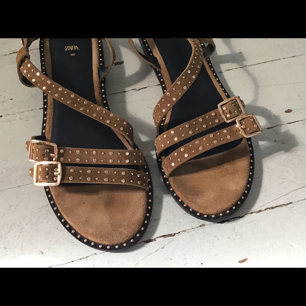 Zara Brown Suede Studded Buckle Flat Sandals - Picture 3 of 5
